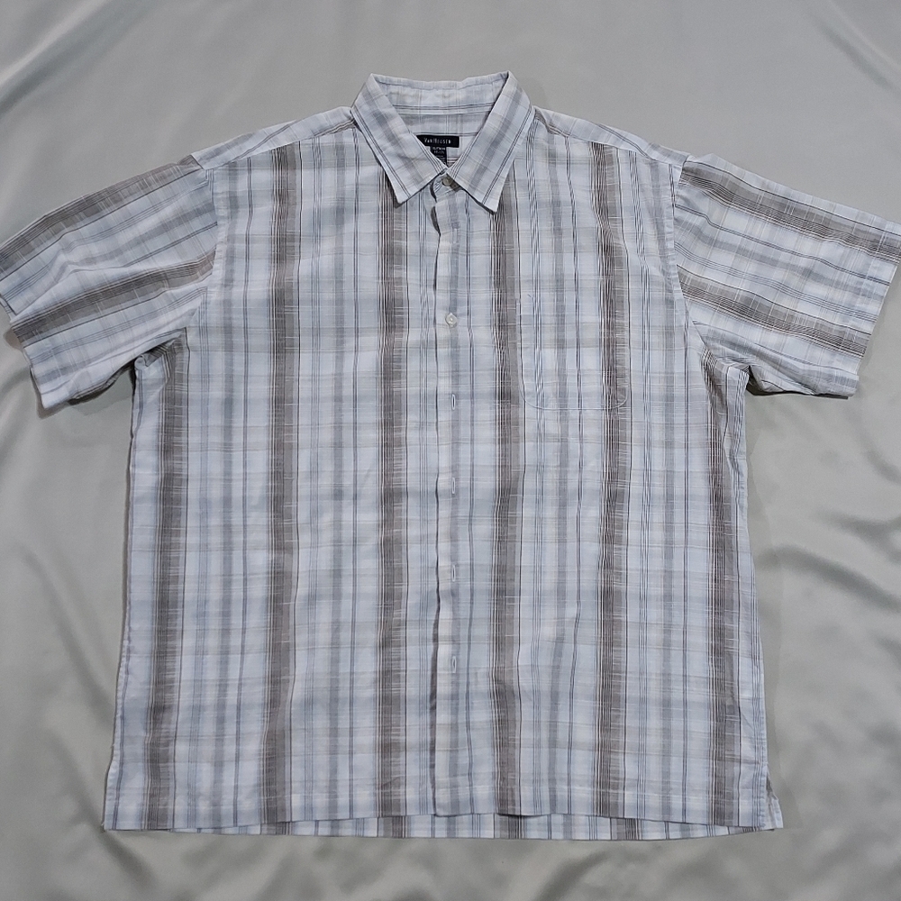 Van Heusen short sleeved tan blue plaid shirt